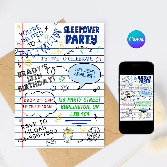 EDITABLE SLEEPOVER Invitation, Slumber Party, Pajama Party, Birthday boy blue Invitation,  Printable Invite Template, ANY age, diy