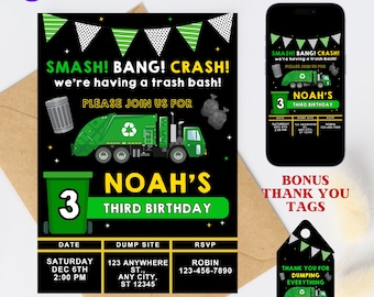 EDITABLE GARBAGE TRUCK Party Invitation, Truck Birthday Invite, Trash Birthday, Any Age Truck Party, Garbage Truck Party, Instant Download