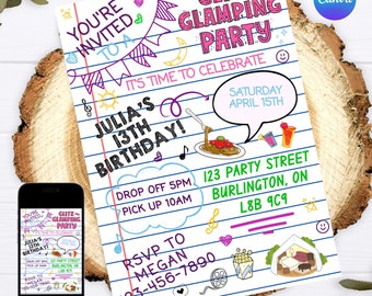 EDITABLE GLITZ & GLAMPING Party, Camping Birthday, Sleepover Party, Girls Sleepover Birthday Invitation, Girls Party, Campout Party, Instant
