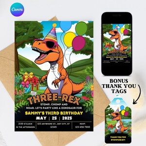 Puede incluir: Una invitación de cumpleaños colorida con un dinosaurio de dibujos animados que lleva gafas de sol y un gorro de fiesta. La invitación dice "Three-Rex Stomp, Chomp and Roar. Let's party like a dinosaur for Sammy's Third Birthday May 25, 2025".