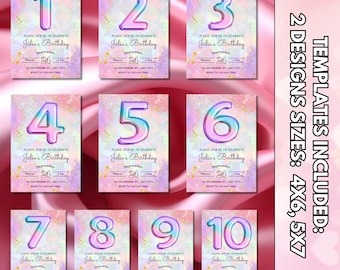 May include: A set of ten birthday invitation templates featuring numbers one through ten in a gradient blue to pink font. The background has a watercolor effect in pastel pink, purple, and blue with gold flecks. Text includes Julia's Birthday, Friday September 24, and 2 PM.