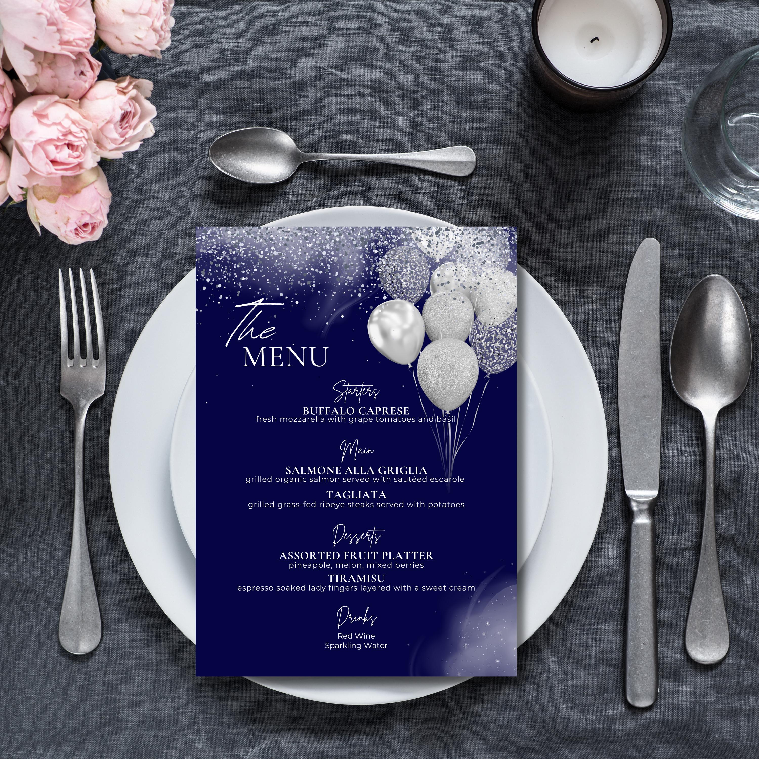 Table Menu Printable Editable Table Menu, Navy and Silver Menu Card, Editable Template Men ...