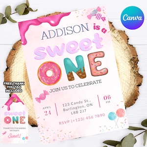 BEWERKBARE Sweet One Donut verjaardagsuitnodiging, bewerkbare uitnodiging, Sweet One verjaardag, eerste verjaardag, Donut Sweet One sjabloon, afdrukbaar