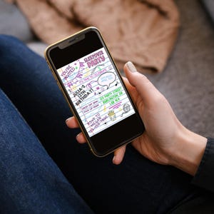 May include: A smartphone displaying a digital invitation for a 13th birthday sleepover party. The invitation features a lined notebook paper background with colorful hand-drawn doodles, including a film reel, popcorn, and musical notes.