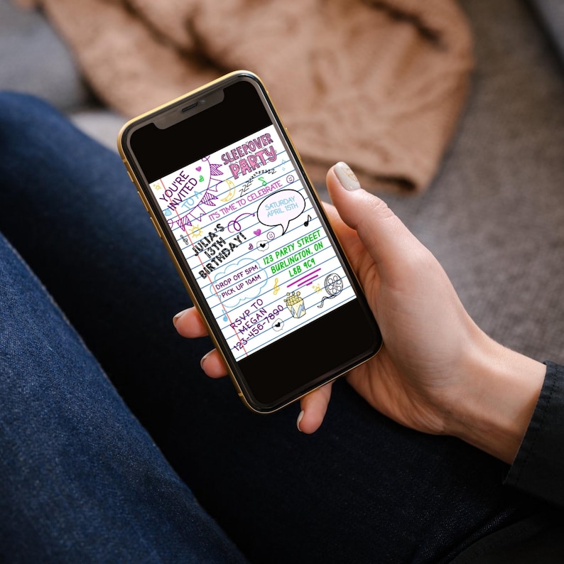 May include: A smartphone displaying a digital invitation for a 13th birthday sleepover party. The invitation features a lined notebook paper background with colorful hand-drawn doodles, including a film reel, popcorn, and musical notes.
