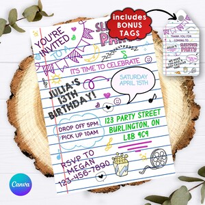 May include: A sleepover party invitation card with lined paper background, featuring colorful hand-drawn doodles of bunting, stars, and a film reel. Text includes 'Julia's 13th Birthday', 'Saturday April 15th', and 'Includes Bonus Tags' on a separate attached tag.