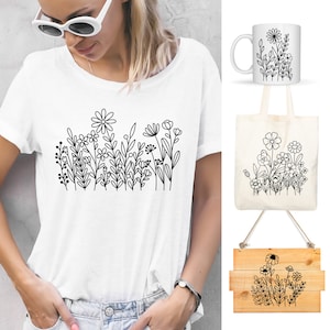 Pacote SVG de 100 flores silvestres, flor svg, folhas svg, doodle de flores, pacote floral svg, pacote de flores desenhado à mão, buquê minimalista DIY, png