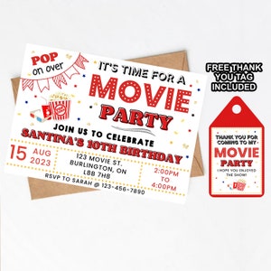 EDITIERBARE Film Geburtstagseinladung, Pop On Over Geburtstag, Kino Geburtstag, Kinokarte Einladung, Heimkino einladen, bedruckbar, 7 x 5 6 x 4