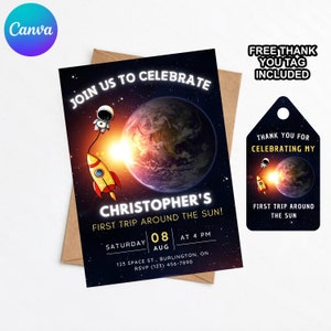 EDITABLE First Trip Around the Sun, Galaxy Invitation, Outer Space First Birthday Invitation,  Printable Space Template, Canva Template