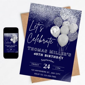 Convite de aniversário adulto editável, qualquer idade, azul marinho, prata, branco, convite de aniversário, vamos comemorar, download instantâneo, evite