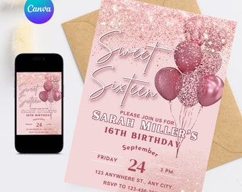 Editable Sweet 16 Birthday Invitation, Pink, Rose Gold, White Birthday Invitation, Girls Sweet 16 Party, Instant Download, Balloon Evite