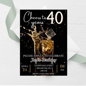 Invitación editable para fiesta de cumpleaños de adultos, invitación para whisky de cualquier edad, coñac, whisky escocés, licor, invitación para adultos, personalizada, saludos, imprimible