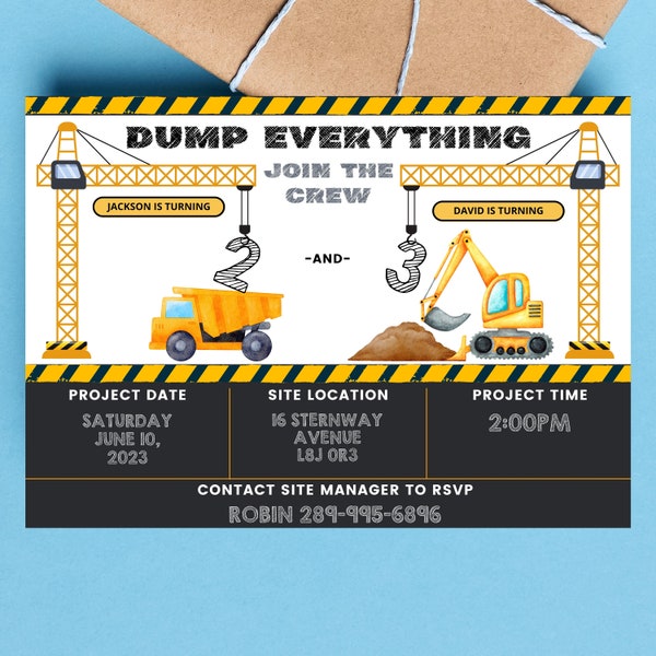 EDITABLE DUMP Truck Invitation - Dump everything invitation - Double Construction Birthday Invitation - DIY - Double birthday Party -digital
