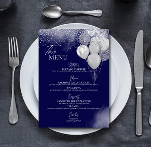 Menu da tavolo modificabile, Menu blu navy e argento, Modello modificabile per uomini e donne per feste di pensionamento, Menu in marmo per feste di compleanno, Palloncini stampabili