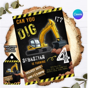 BEWERKBAAR Can You Dig It VERJAARDAGsuitnodiging - bouwverjaardag - DIY bewerkbaar - verjaardagsuitnodiging dumptruck en graafmachine - afdrukbaar