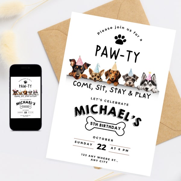 Invitación de cumpleaños de cachorro, invitación de perro, invitación de cumpleaños de Let's Paw-ty, invitación para niños y niñas, invitación digital, invitación editable