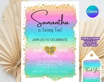 May include: A colorful invitation with a rainbow watercolor background and gold glitter. The invitation says "Samantha is turning five!" and includes details for a birthday party on August 12, 2023, at 3 PM. A free thank you tag is included.