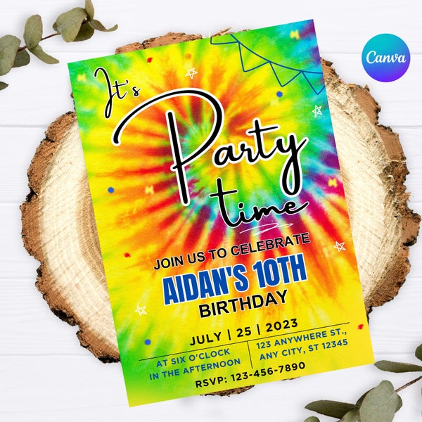 EDITABLE TIE DYE Birthday Invitation, It's Party Time Invite, Boy's Tie Dye Party, Paint Party, Retro Invitations, Printable Tie-Dye Party
