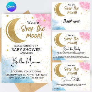 Bewerkbare Over the Moon baby shower uitnodiging, afdrukbare sjabloon, roze, blauw Twinkle Twinkle Little Star baby shower uitnodiging, digitaal