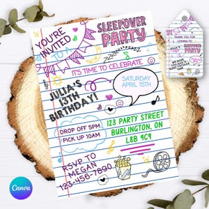 May include: A rectangular sleepover party invitation and matching tag featuring a white lined paper background with colorful hand-drawn doodles, including bunting, stars, a moon, popcorn, and film reels, with text detailing Julia's 13th birthday.
