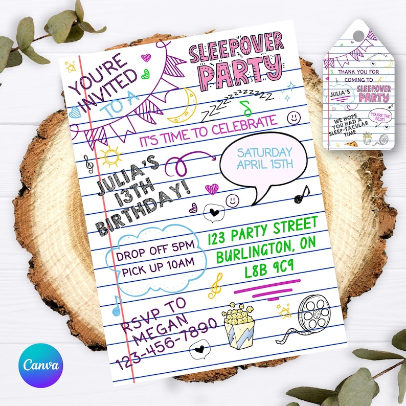 May include: A rectangular sleepover party invitation and matching tag featuring a white lined paper background with colorful hand-drawn doodles, including bunting, stars, a moon, popcorn, and film reels, with text detailing Julia's 13th birthday.