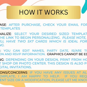May include: A yellow and blue graphic with the text "HOW IT WORKS" in a gold box. The text below explains how to purchase, personalize, edit, and print a Canva template. The text also includes information about questions and concerns.