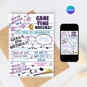 May include: A colorful invitation to a "Game Time Social!" party celebrating Zara's 11th birthday. The invitation features a notebook paper background with doodles of sports equipment, makeup, and hearts. The party is on Sunday, October 27th, at 123 Any St., Any City, ST 123456. RSVP to Michelle at 123-456-7890.