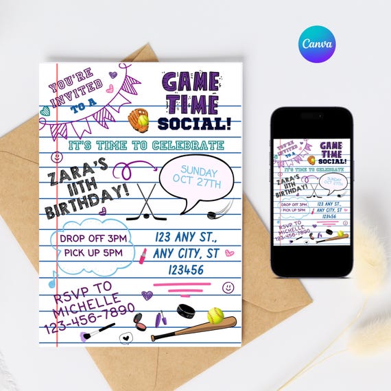 Editable Girls Sports Themed Birthday Invitation, Game Time Social Invite, Girls Sports Party, Digital Invitation, Instant, Baseball Party