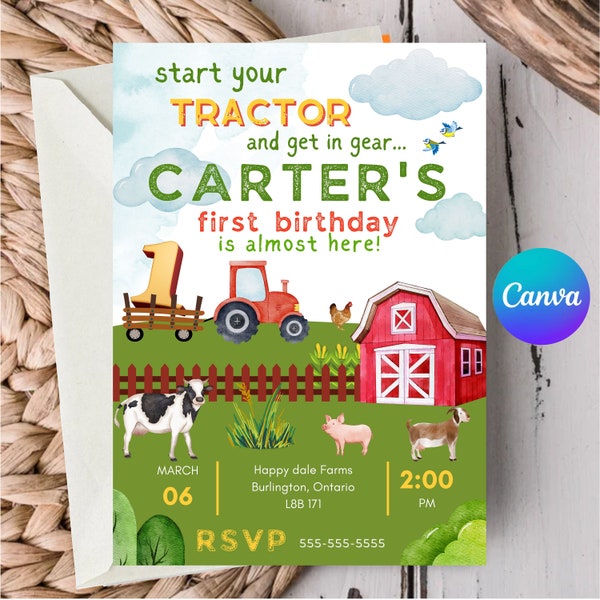 Editable 1st Birthday Tractor Invitation, First Birthday Farm Invitation, Tractor Invitation, Printable Farm Invitation, Birthday Boy Invite