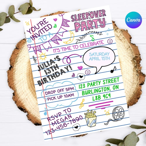 Sleepover Party Invite Birthday Editable Template - Etsy