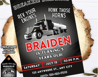 Editable Semi Truck Invitation,  Big Rig Invitation, ANY AGE, Semi Truck Birthday, 18 Wheeler Invitation, BLACK Truck, Printable Invitation
