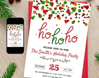 May include: A Christmas party invitation with the words "hohoho" in red and green, and event details. The invitation is on a white background with red accents and festive confetti. A smartphone displays the same design.