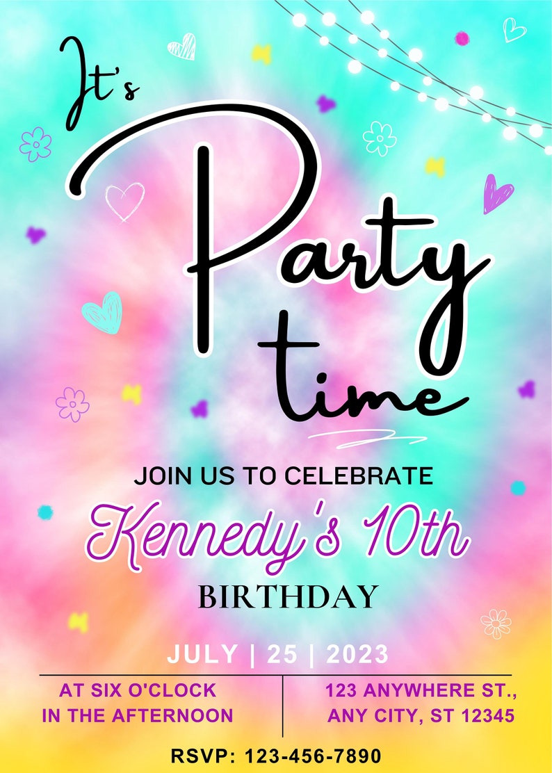 EDITABLE TIE DYE Birthday Invitation, It's Party Time Invite, Girl's ...