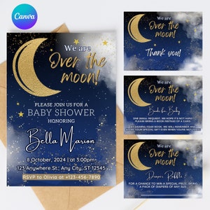 Bewerkbare Over the Moon-babyshoweruitnodiging, afdrukbare sjabloon, blauwe Twinkle Twinkle Little Star babyshoweruitnodiging