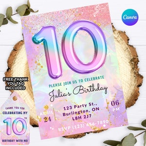 10th Birthday Invitation, Pastel Party, Glitter Rainbow Ombre, Girls birthday Invitation, Printable rainbow, Digital Pink Glitter Invitation