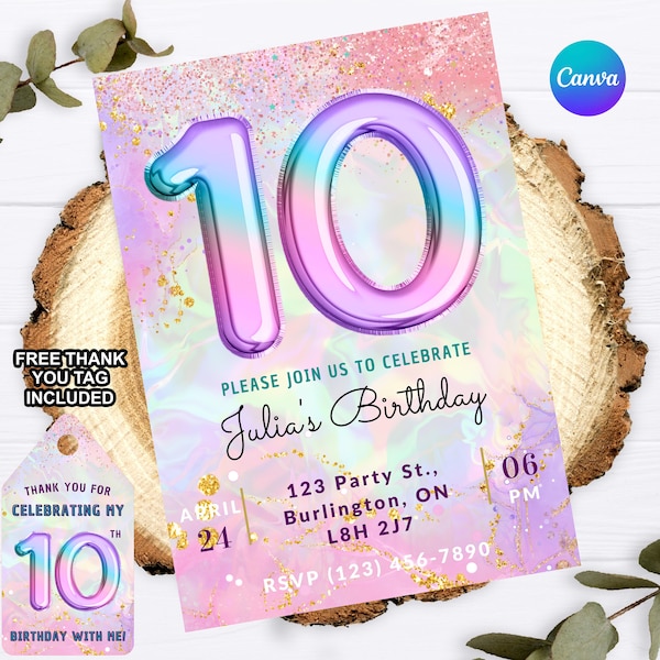 10th Birthday Invitation, Pastel Party, Glitter Rainbow Ombre, Girls birthday Invitation, Printable rainbow, Digital Pink Glitter Invitation