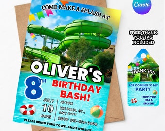 May include: A blue and red invitation for an 8th birthday party with a water park theme. The invitation features a photo of a water slide and the text "Come Make a Splash at Oliver's 8th Birthday Bash!" with the date, time, and location. A free thank you tag is included.