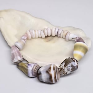 May include: A handmade bracelet featuring a variety of seashells in shades of white, purple, brown, and yellow. The bracelet is strung together with a durable cord. The bracelet is displayed on a large, off-white seashell.