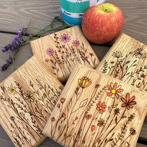 Oak Engraved Coasters, Hand Painted Wild Flowers, Floral Coasters, Gifts for the home, Boho Coasters, Made in the UK,