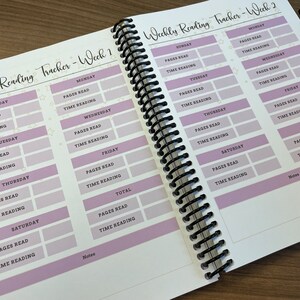 Puede incluir: Un rastreador de lectura semanal con dos p&aacute;ginas, cada una con una cuadr&iacute;cula para rastrear las p&aacute;ginas le&iacute;das y el tiempo dedicado a la lectura cada d&iacute;a de la semana. El rastreador est&aacute; dise&ntilde;ado para dos semanas, con la primera p&aacute;gina etiquetada como "Semana 1" y la segunda p&aacute;gina etiquetada como "Semana 2".