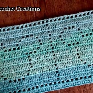 Può includere: Una coperta all'uncinetto con un motivo ombré blu e verde. La coperta ha un design quadrato ripetuto con spazi vuoti.