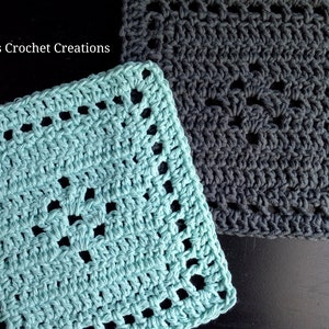 May include: Two crocheted squares, one in teal and one in dark gray. The squares have a repeating pattern of open spaces and are made with a textured yarn.