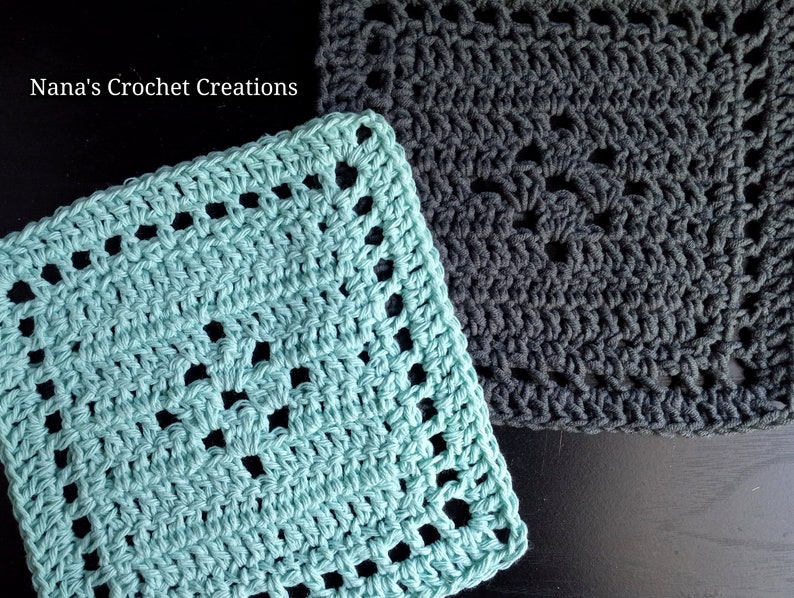 May include: Two crocheted squares, one in teal and one in dark gray. The squares have a repeating pattern of open spaces and are made with a textured yarn.