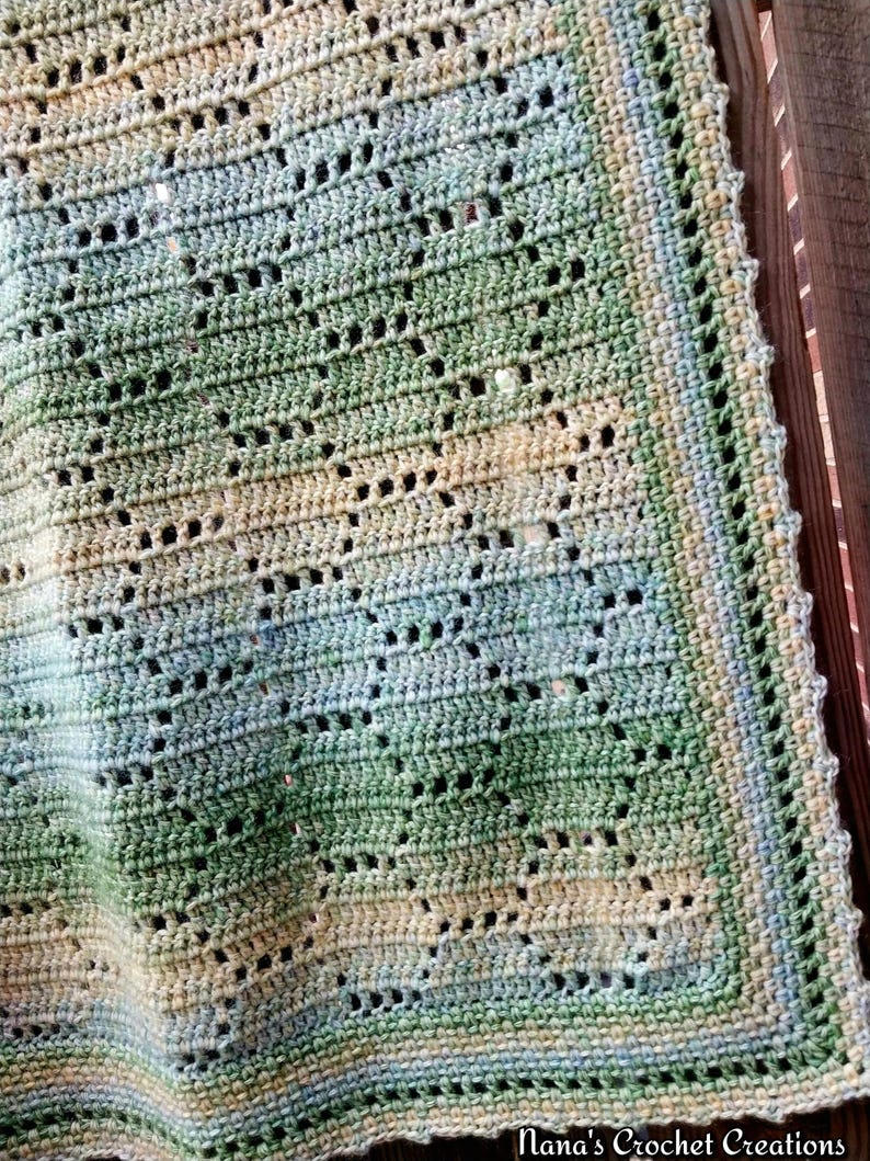 May include: A crochet blanket featuring a variegated yarn pattern in shades of green, blue, and cream. The textile displays a repeating geometric openwork design with a decorative border. The text Nana's Crochet Creations is visible.