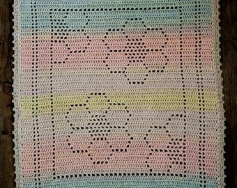 Paintbox Posies Filet Crochet Blanket | Baby Blanket | Filet Crochet Blanket Pattern | Nana's Crochet Creations | Filet Flower Blanket |