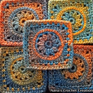 May include: Five crocheted squares in shades of blue, orange, and brown with a circular pattern in the center of each square. The squares are arranged in a circular pattern with the text "Nana's Crochet Creations" at the bottom.