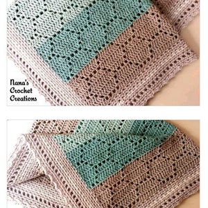 May include: A crochet blanket featuring a color-blocked design in shades of light teal, sage green, and beige. The textile displays a repeating geometric pattern with openwork stitches and a scalloped border. The text Nana's Crochet Creations is visible.