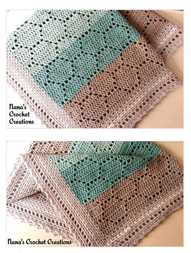 May include: A crochet blanket featuring a color-blocked design in shades of light teal, sage green, and beige. The textile displays a repeating geometric pattern with openwork stitches and a scalloped border. The text Nana's Crochet Creations is visible.