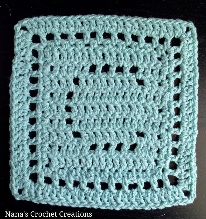 May include: A square crocheted piece in a light blue color with a repeating pattern of holes. The piece is made with a single crochet stitch and has a textured look. "Nana's Crochet Creations" is written in black text at the bottom of the image.