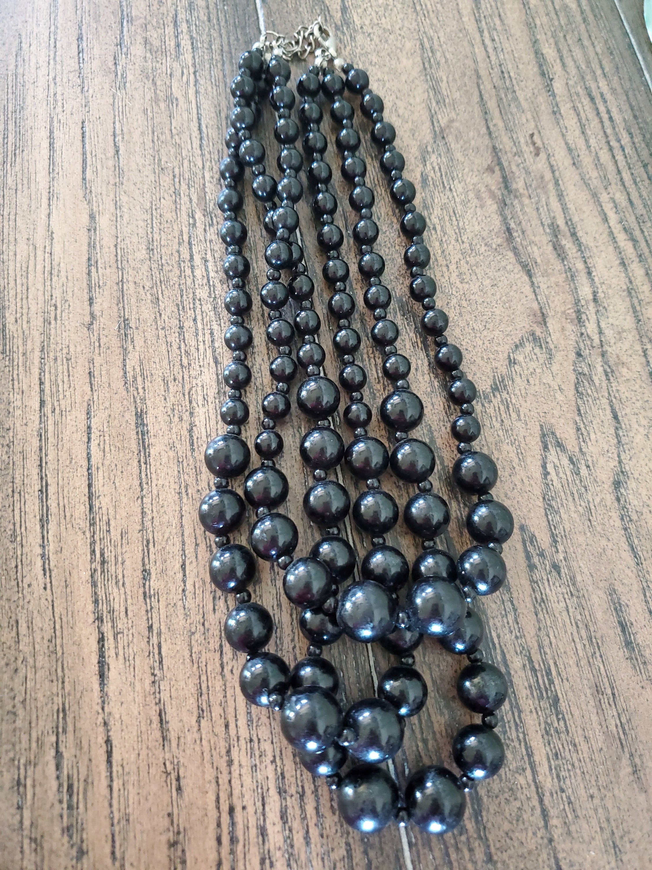 Vintage 3 Strand Black Beaded Necklace Etsy